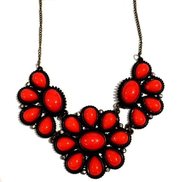 Mudd Red Floral Design Statement Necklace - Boho Chic Women's Fashion Jewelry - Picture 1 of 9